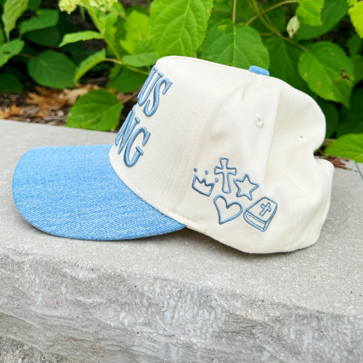 Jesus Clip Art (Denim) - Puff Trucker Hat