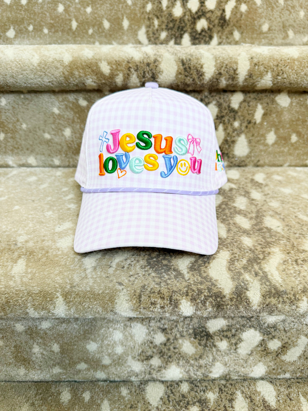 Jesus Loves You (Purple Gingham) - Puff Trucker Hat