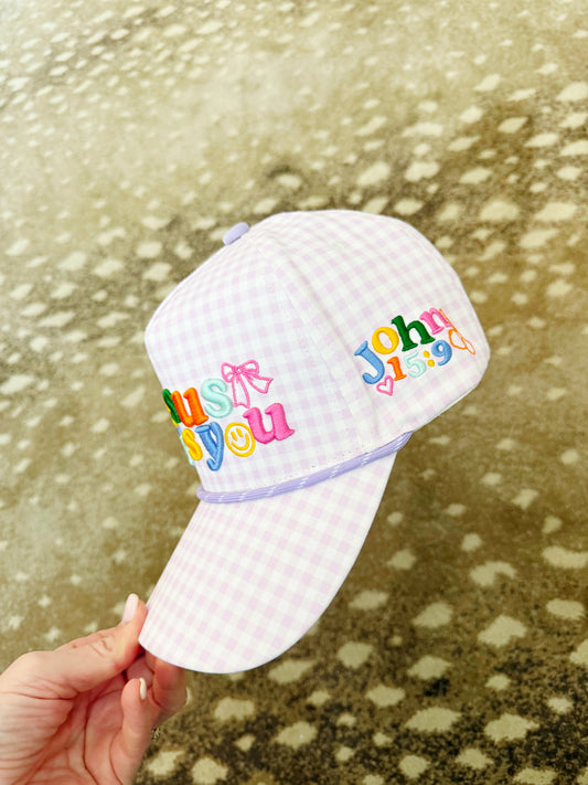 Jesus Loves You (Purple Gingham) - Puff Trucker Hat
