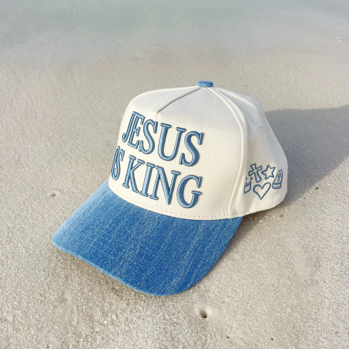 Jesus Clip Art (Denim) - Puff Trucker Hat